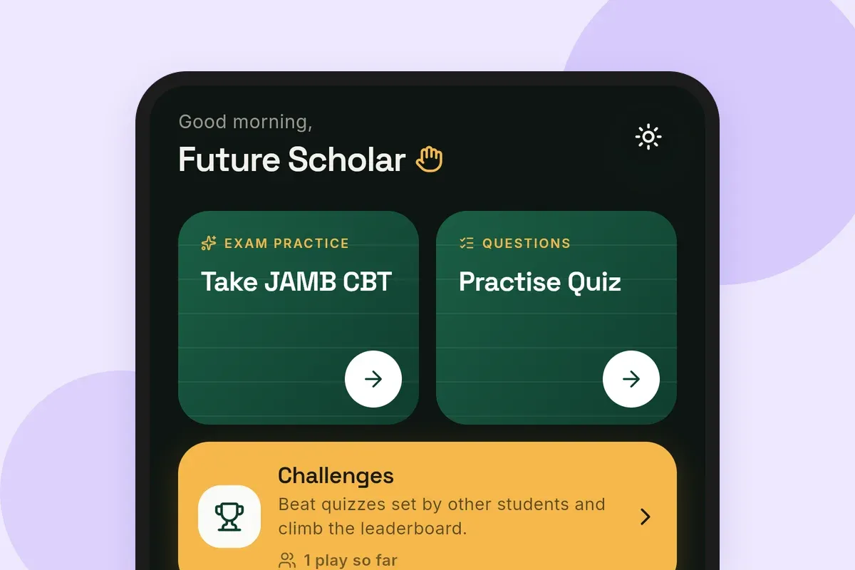The JambCBT home screen on a phone, with Take JAMB CBT, Practise Quiz and Challenges