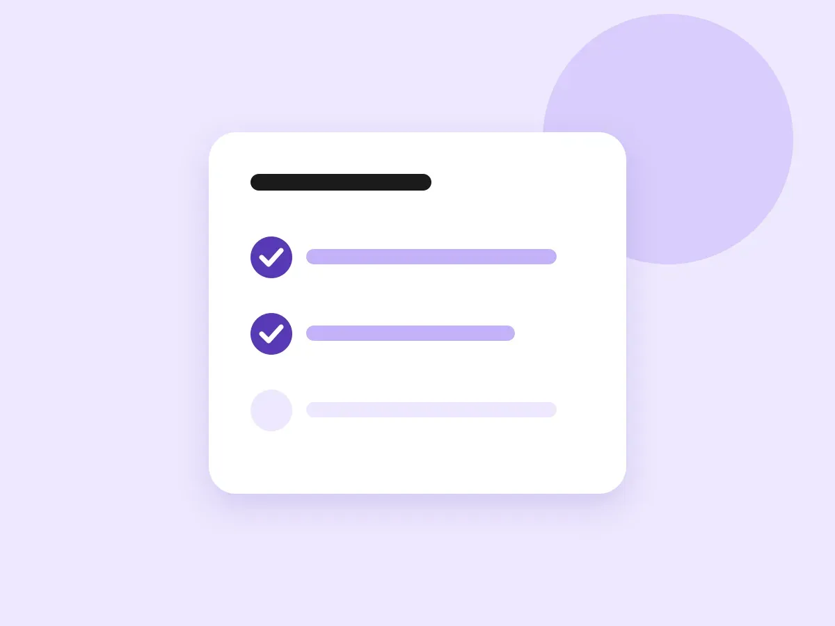 A white checklist card with two tasks ticked off in purple
